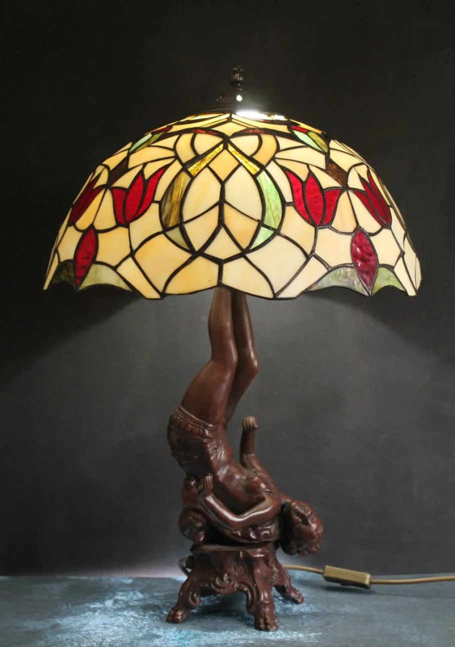 Clearance Pamono Table Lamp with Heavy Bronze Figural Base in the style of Tiffany