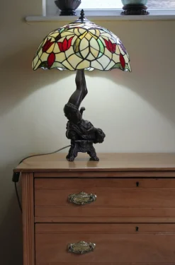 Clearance Pamono Table Lamp with Heavy Bronze Figural Base in the style of Tiffany