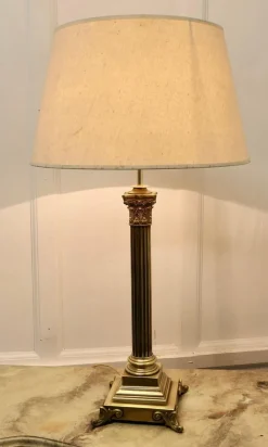 Pamono Tall Brass Corinthian Column Table Lamp with Shade, 1920