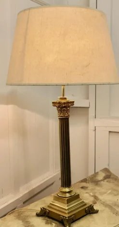 Pamono Tall Brass Corinthian Column Table Lamp with Shade, 1920