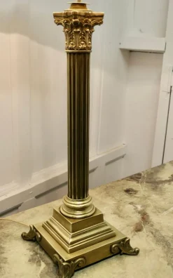 Pamono Tall Brass Corinthian Column Table Lamp with Shade, 1920