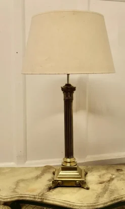 Pamono Tall Brass Corinthian Column Table Lamp with Shade, 1920
