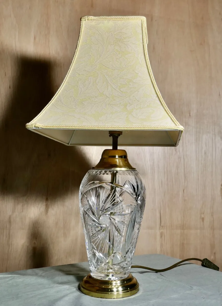 Discount Pamono Tall Hand Star Cut Glass and Brass Table Lamp, 1950s