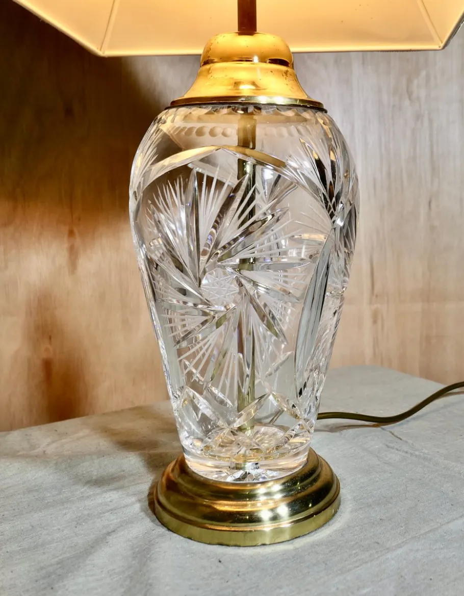 Discount Pamono Tall Hand Star Cut Glass and Brass Table Lamp, 1950s