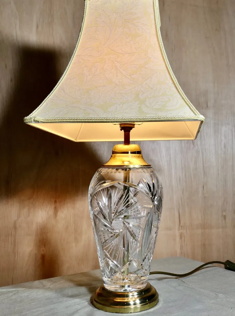 Discount Pamono Tall Hand Star Cut Glass and Brass Table Lamp, 1950s