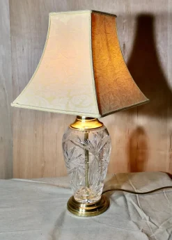 Discount Pamono Tall Hand Star Cut Glass and Brass Table Lamp, 1950s