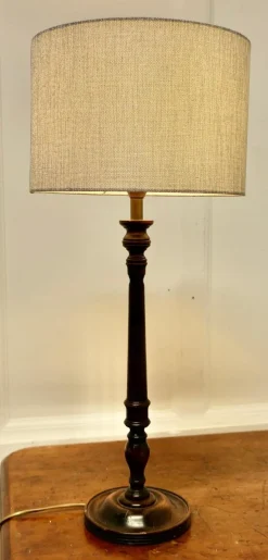 Best Pamono Tall Turned Dark Wood Table Lamp, 1920s
