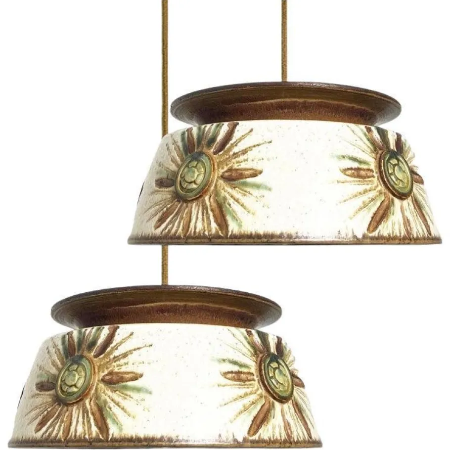 New Pamono Taupe Green Ceramic Pendant Lights from Axella, Denmark, 1970s, Set of 2