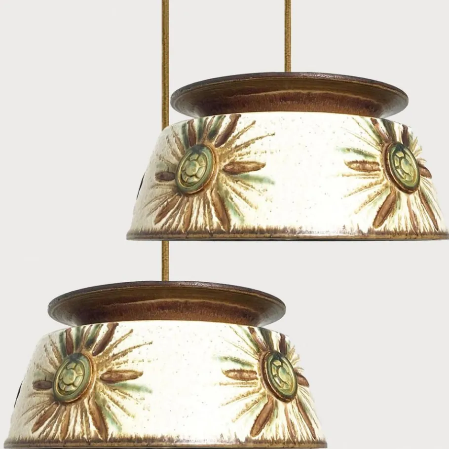 New Pamono Taupe Green Ceramic Pendant Lights from Axella, Denmark, 1970s, Set of 2