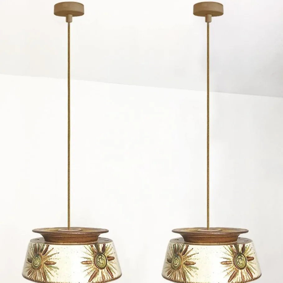 New Pamono Taupe Green Ceramic Pendant Lights from Axella, Denmark, 1970s, Set of 2