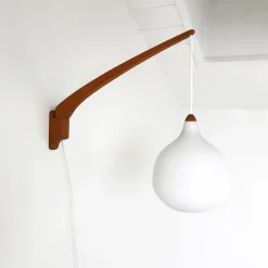 Hot Pamono Teak and Opaline Glass Sconce by Uno & Östen Kristiansson for Luxus, 1950s