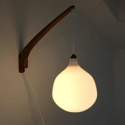 Hot Pamono Teak and Opaline Glass Sconce by Uno & Östen Kristiansson for Luxus, 1950s