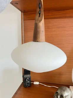 Best Pamono Teak and Opaline Glass Suspension by Uno and Östen Kristiansson for Luxus, Sweden, 1950s