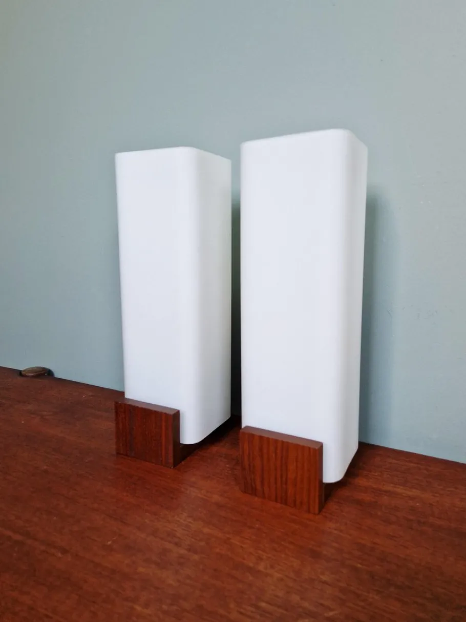 Discount Pamono Teak and White Opaline Wall Lights by Louis Kalff, 1960, Set of 2