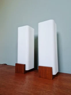 Discount Pamono Teak and White Opaline Wall Lights by Louis Kalff, 1960, Set of 2