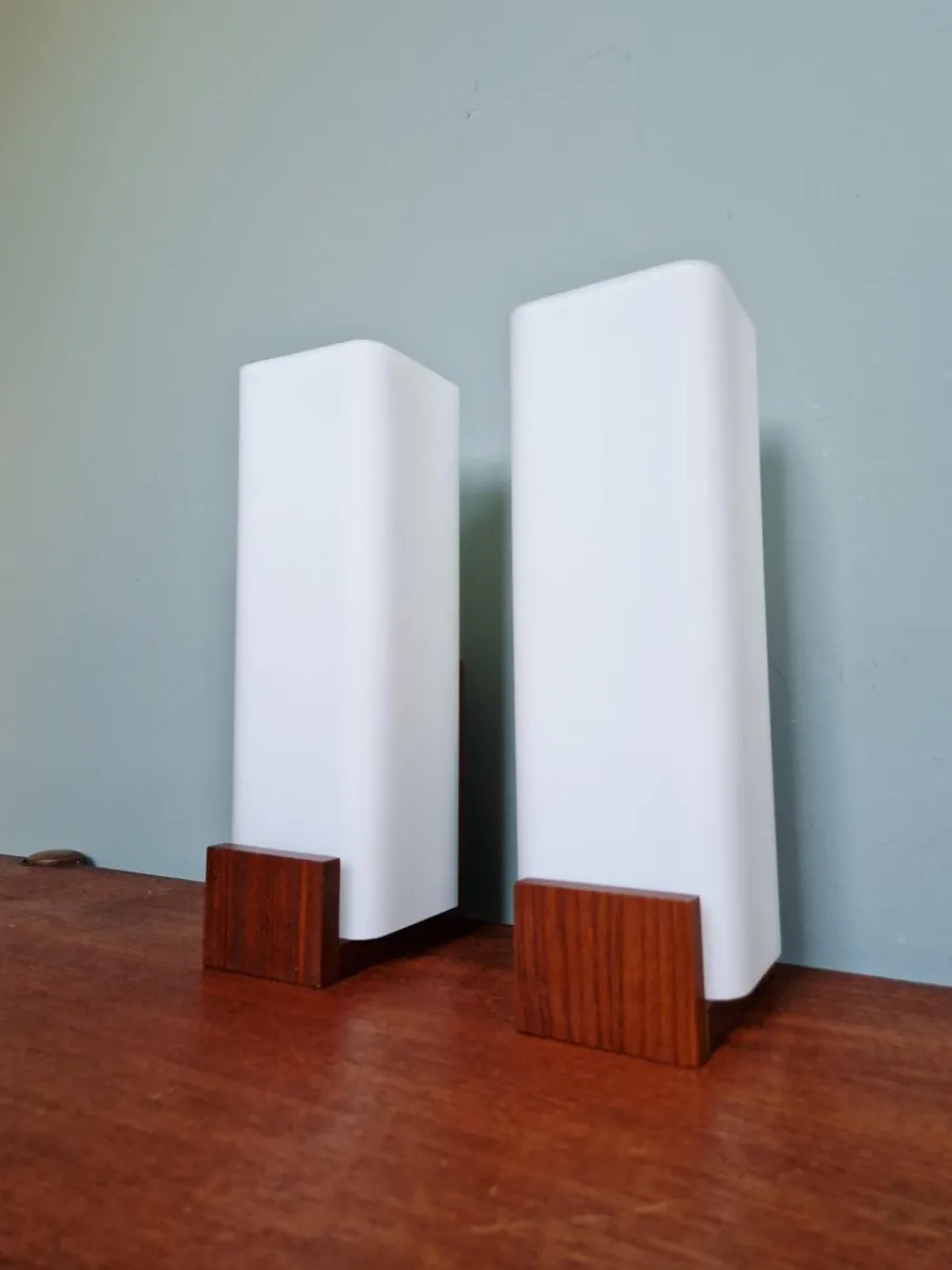 Discount Pamono Teak and White Opaline Wall Lights by Louis Kalff, 1960, Set of 2