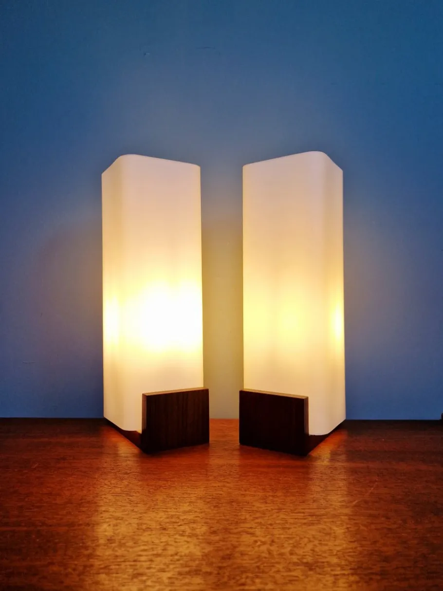 Discount Pamono Teak and White Opaline Wall Lights by Louis Kalff, 1960, Set of 2