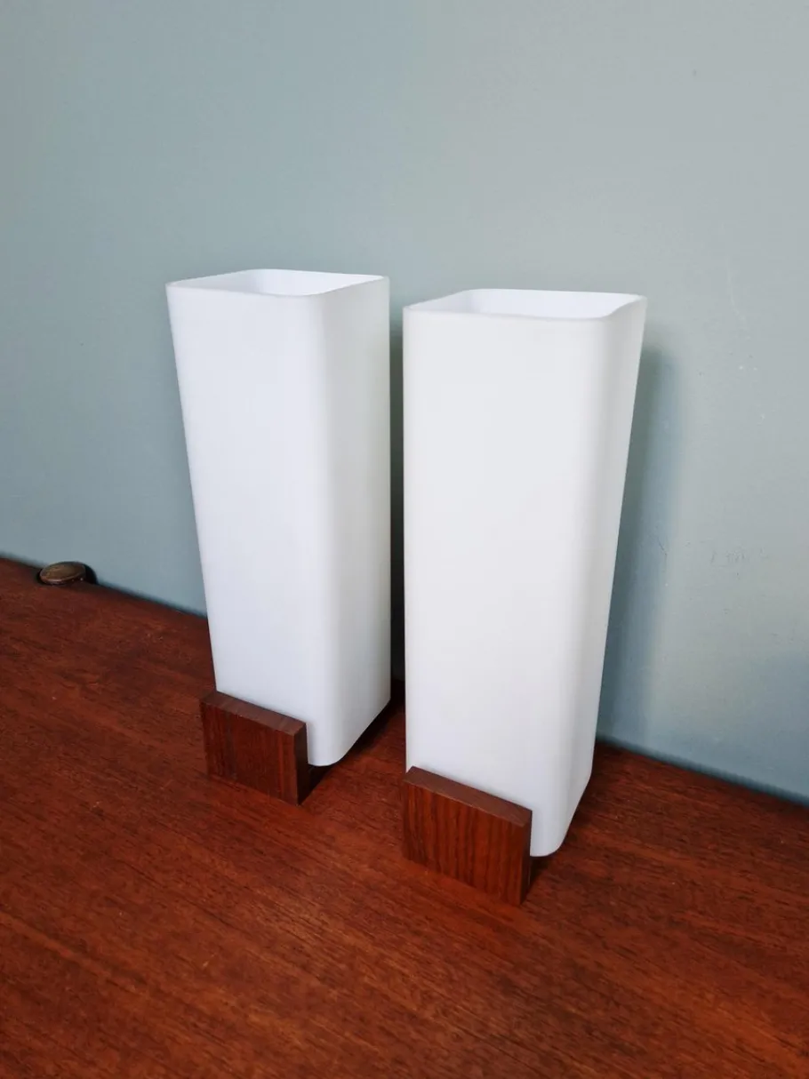 Discount Pamono Teak and White Opaline Wall Lights by Louis Kalff, 1960, Set of 2