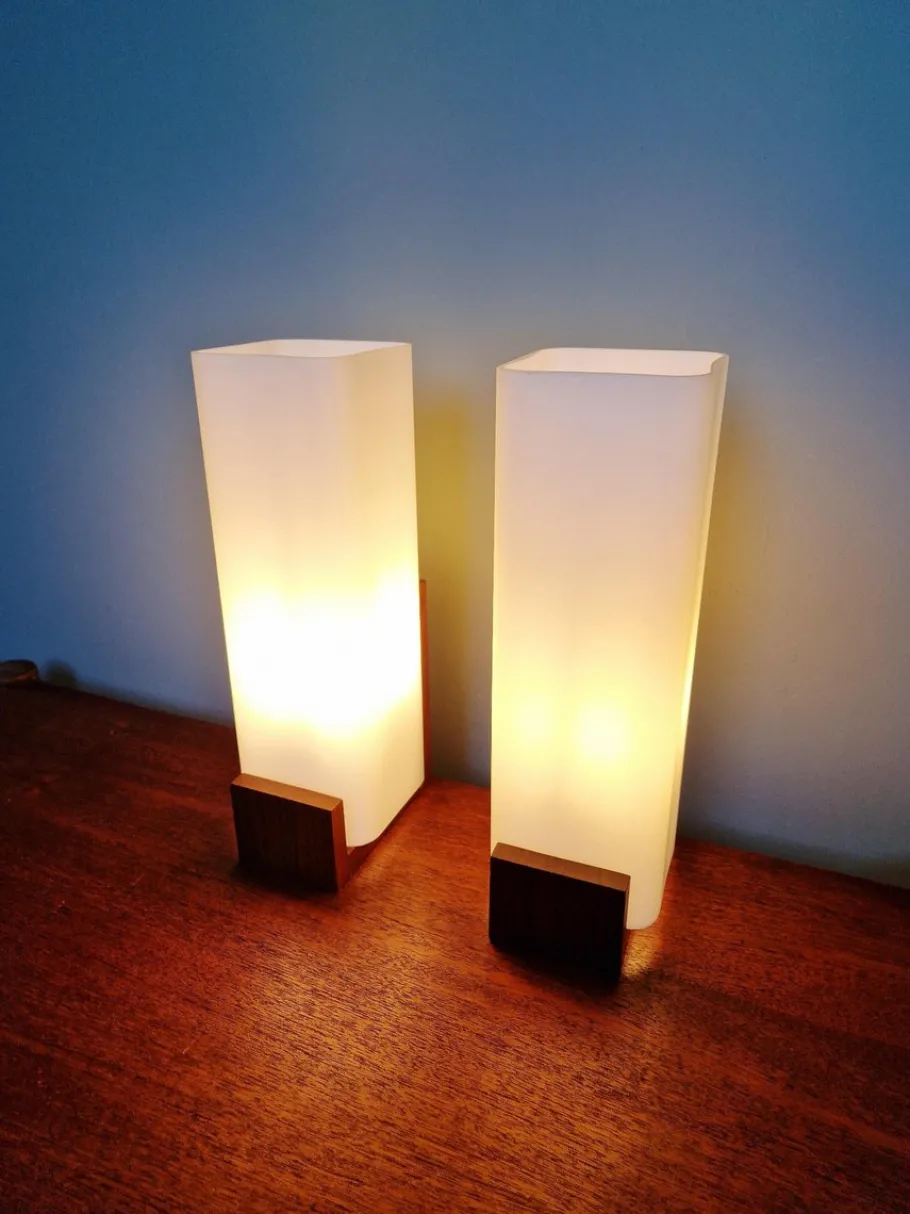 Discount Pamono Teak and White Opaline Wall Lights by Louis Kalff, 1960, Set of 2