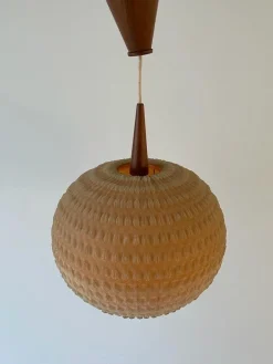 Discount Pamono Teak Ball Ceiling Lamp with Fabric Shade from Temde, Switzerland, 1960s