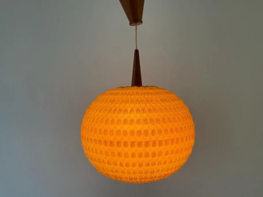 Discount Pamono Teak Ball Ceiling Lamp with Fabric Shade from Temde, Switzerland, 1960s