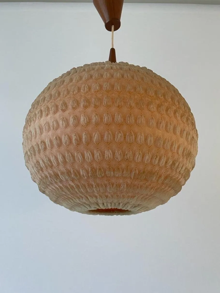 Discount Pamono Teak Ball Ceiling Lamp with Fabric Shade from Temde, Switzerland, 1960s