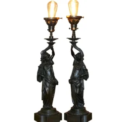 Online Pamono 19th Century French Art Nouveau Solid Bronze Table Lamps Depicting Women, Set of 2