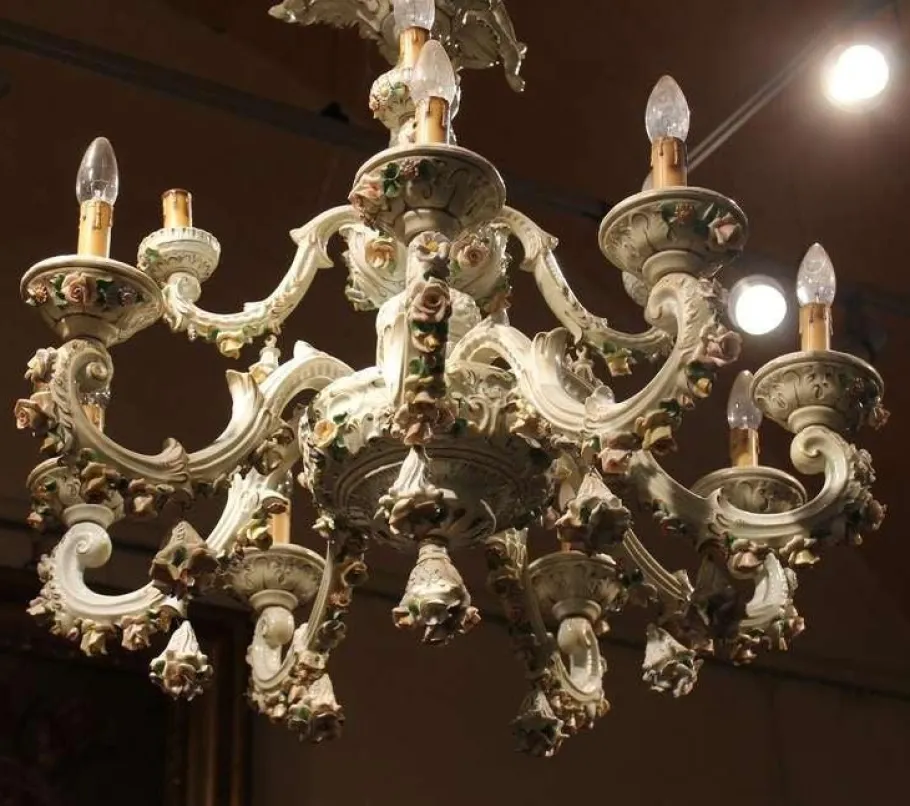New Pamono 19th Century Italian 2-Tier Capodimonte Porcelain Chandelier with Roses