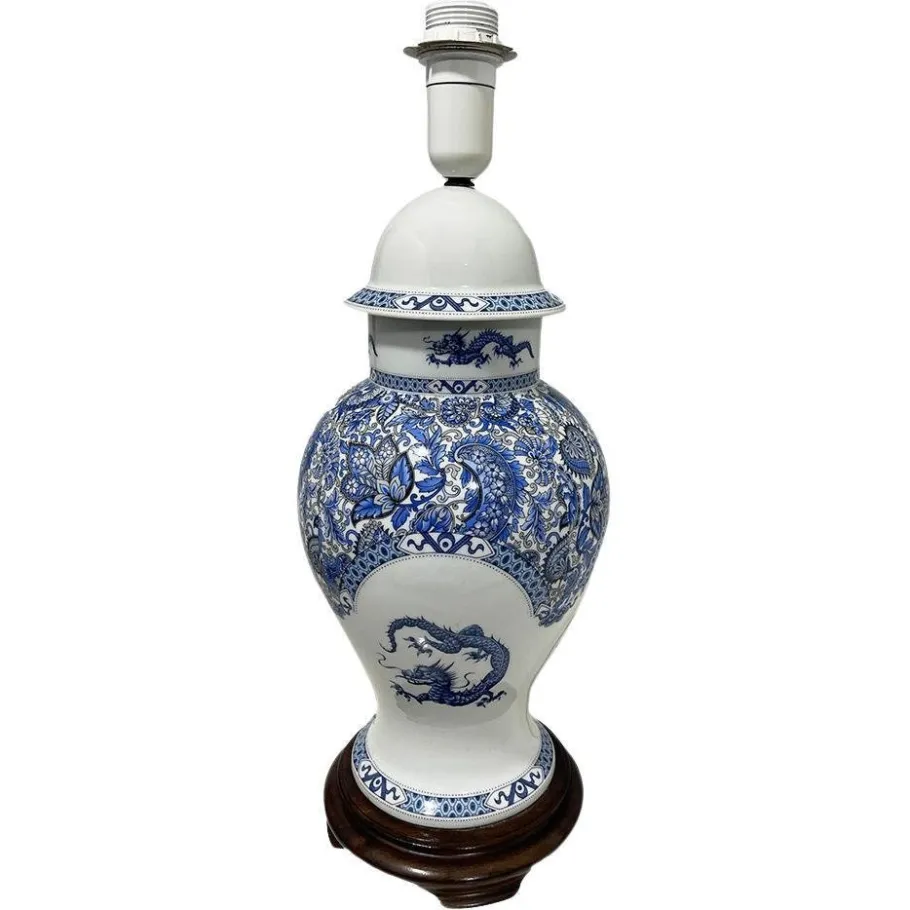 Pamono 20th Century Limoges France Porcelain Table Lamp with Blue Dragon