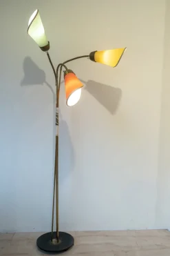 Pamono Three Light Adjustable Floor Lamp in Green Yellow Orange and Brass by Bruno Gatta for Stilnovo, 1950s