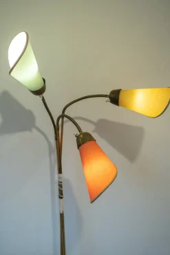 Pamono Three Light Adjustable Floor Lamp in Green Yellow Orange and Brass by Bruno Gatta for Stilnovo, 1950s