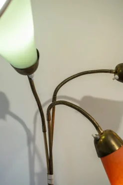 Pamono Three Light Adjustable Floor Lamp in Green Yellow Orange and Brass by Bruno Gatta for Stilnovo, 1950s