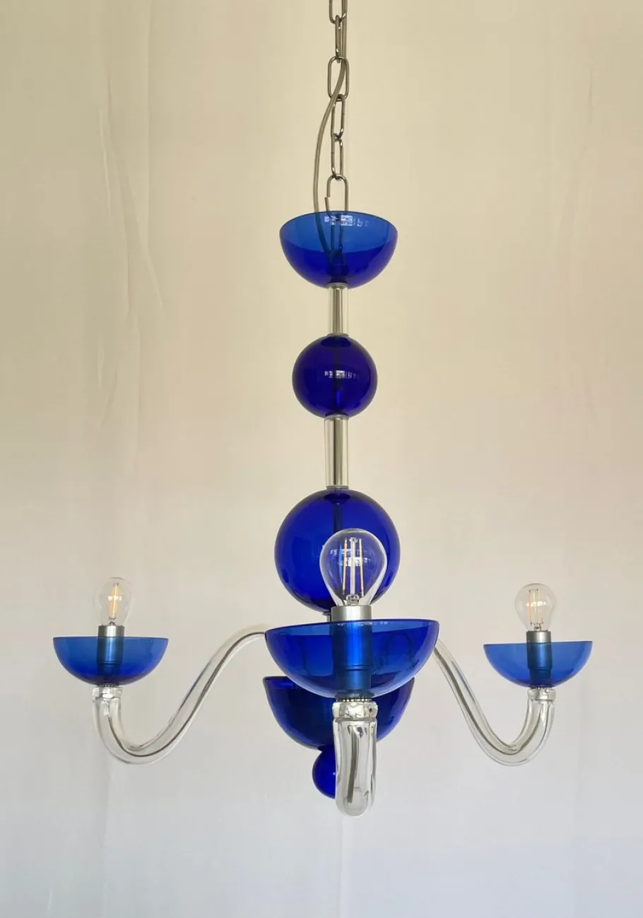 Sale Pamono Three-Light Chandelier in Blue Crystal Murano Glass by Master Walter Furlan, 1985
