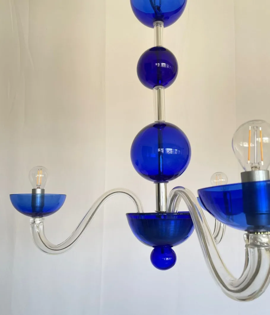 Sale Pamono Three-Light Chandelier in Blue Crystal Murano Glass by Master Walter Furlan, 1985