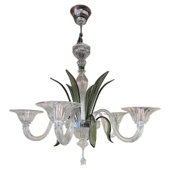 Discount Pamono Transparent and Green Leaves Chandelier in Murano Glass by Simoeng