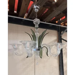 Discount Pamono Transparent and Green Leaves Chandelier in Murano Glass by Simoeng