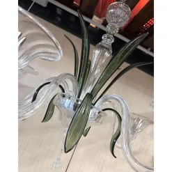 Discount Pamono Transparent and Green Leaves Chandelier in Murano Glass by Simoeng