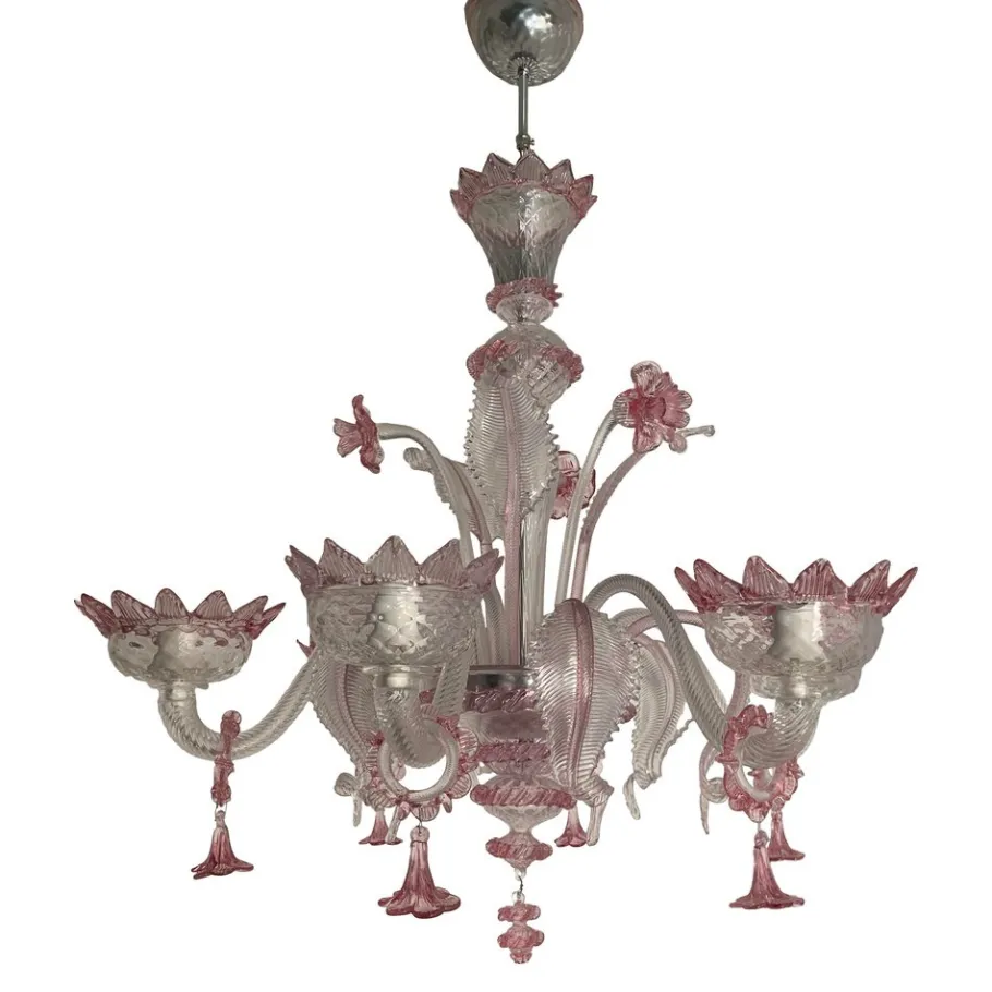 Sale Pamono Transparent and Pink Murano Style Glass Chandelier with Flowers and Leaves from Simoeng