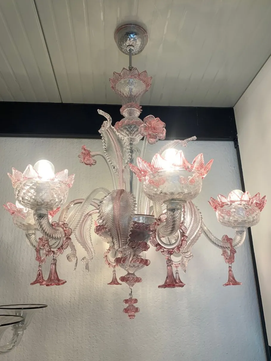 Sale Pamono Transparent and Pink Murano Style Glass Chandelier with Flowers and Leaves from Simoeng