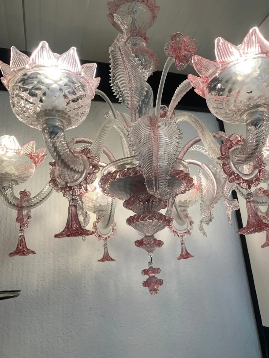 Sale Pamono Transparent and Pink Murano Style Glass Chandelier with Flowers and Leaves from Simoeng