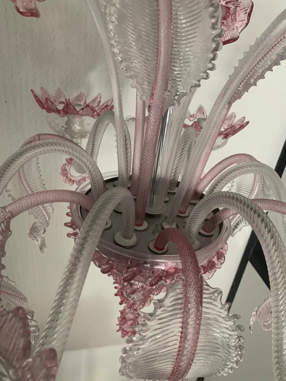 Sale Pamono Transparent and Pink Murano Style Glass Chandelier with Flowers and Leaves from Simoeng