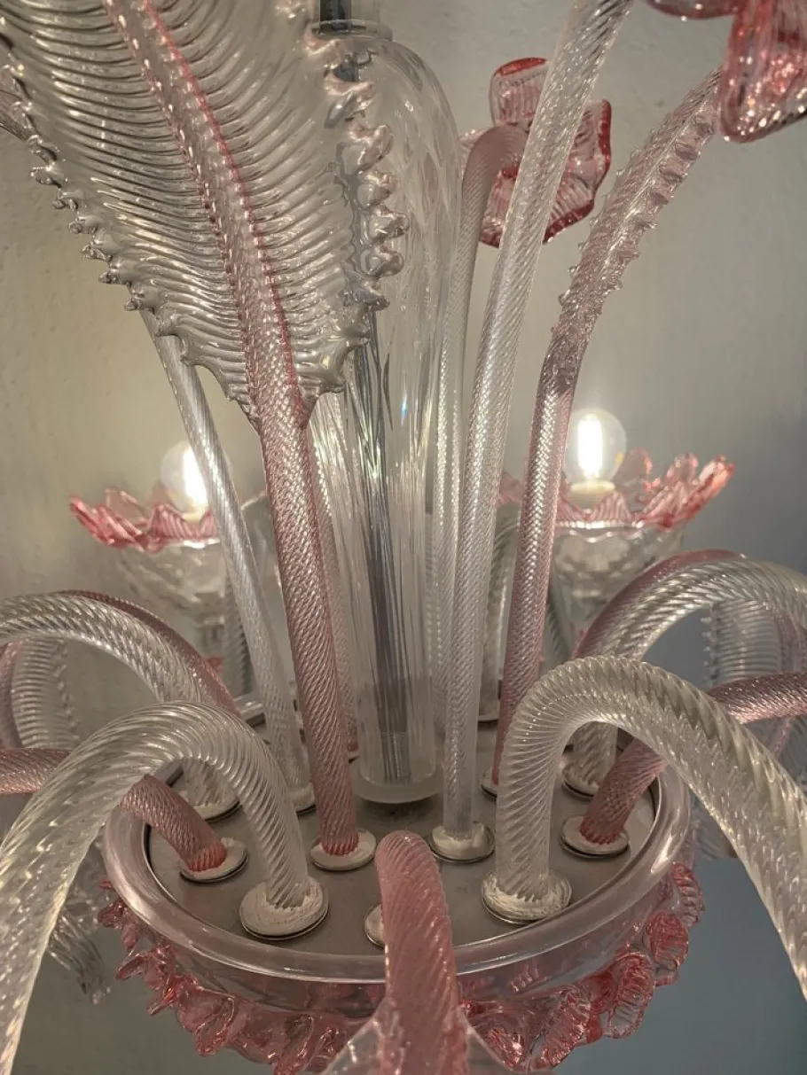 Sale Pamono Transparent and Pink Murano Style Glass Chandelier with Flowers and Leaves from Simoeng