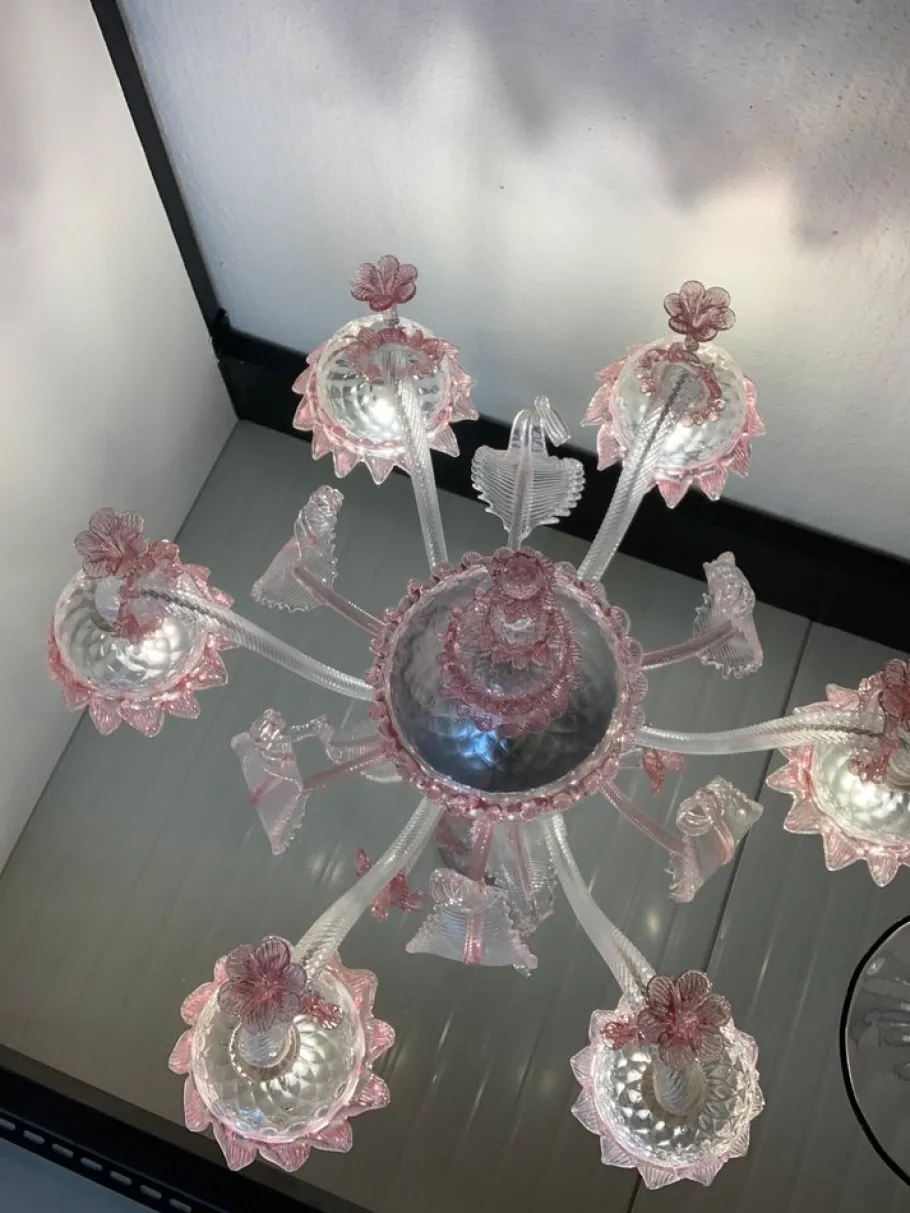 Sale Pamono Transparent and Pink Murano Style Glass Chandelier with Flowers and Leaves from Simoeng