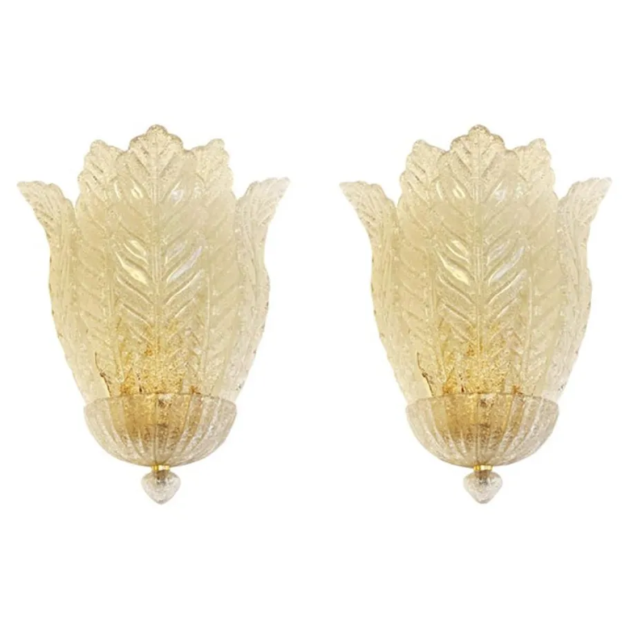 Hot Pamono Transparent Graniglia Leaf Murano Glass Wall Sconces by Simoeng, Set of 2