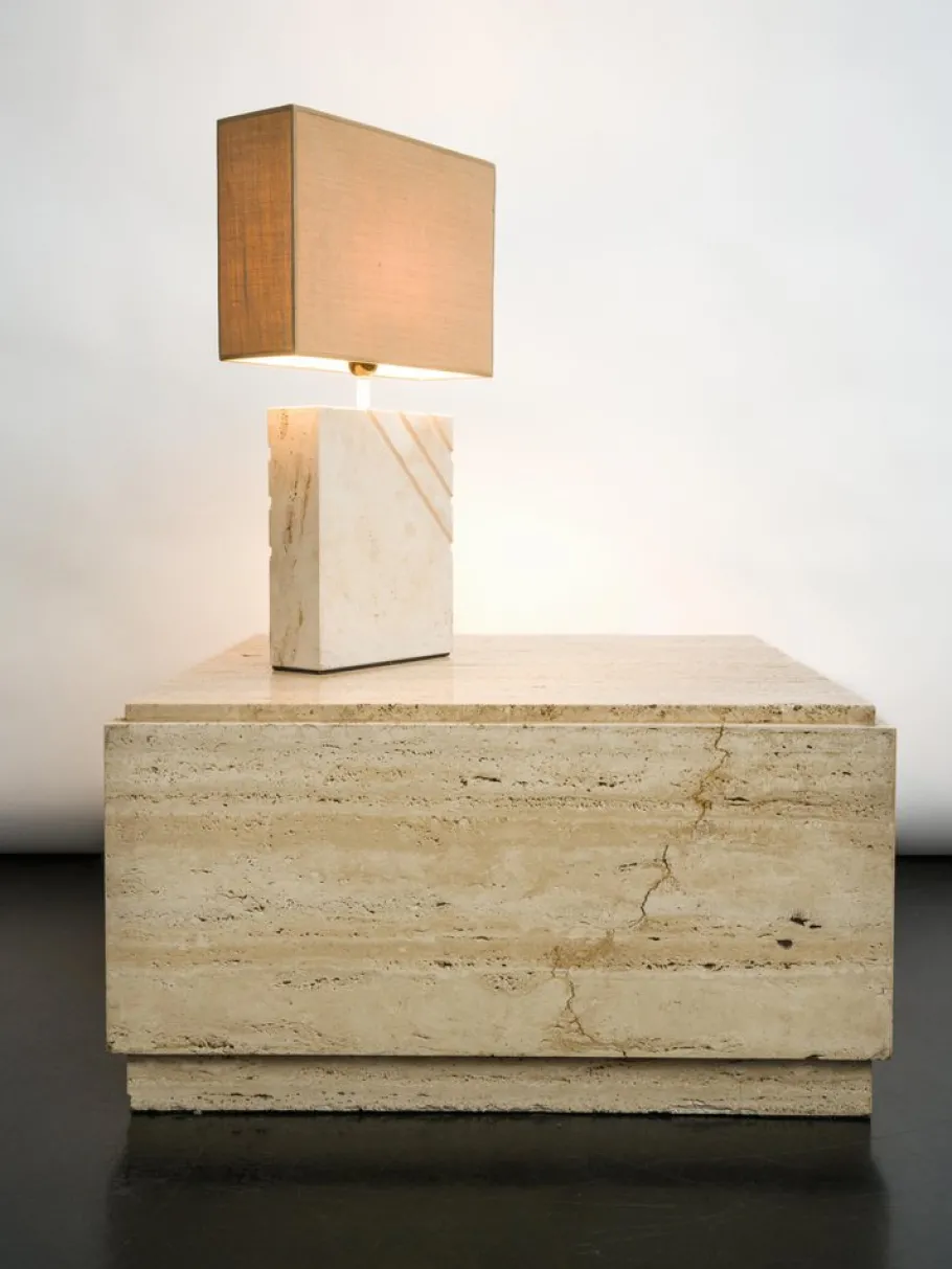 Outlet Pamono Travertine Table Lamp with Rectangular Lampshade, 1970s