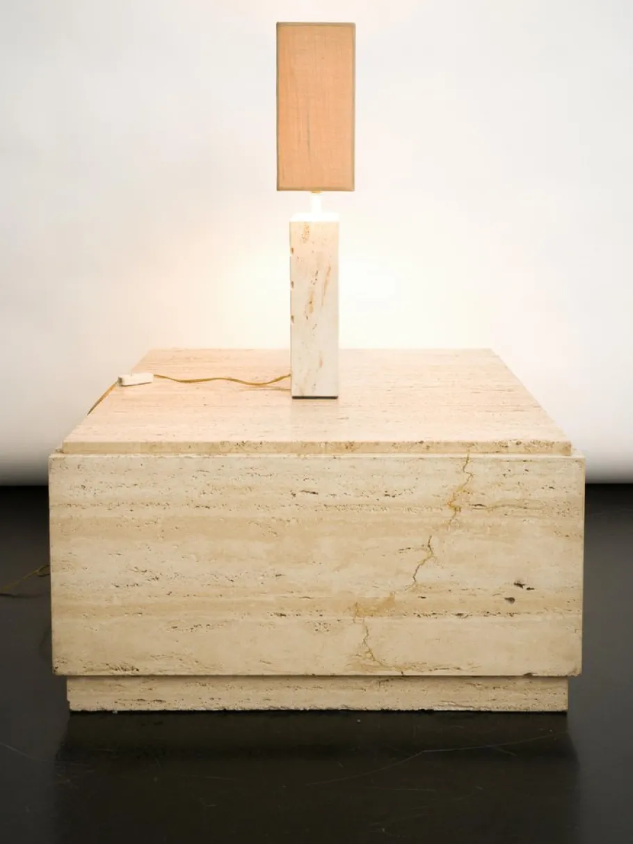Outlet Pamono Travertine Table Lamp with Rectangular Lampshade, 1970s
