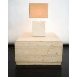 Outlet Pamono Travertine Table Lamp with Rectangular Lampshade, 1970s