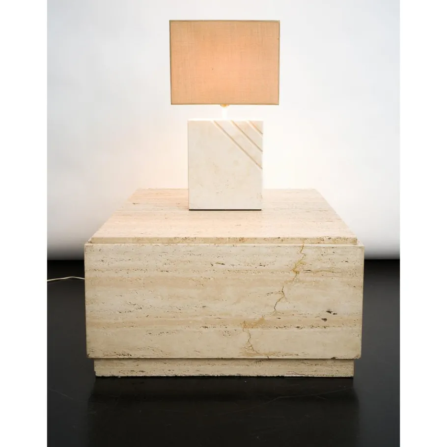 Outlet Pamono Travertine Table Lamp with Rectangular Lampshade, 1970s