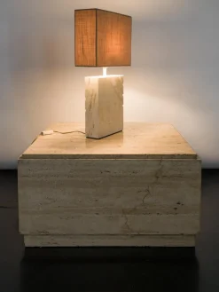 Outlet Pamono Travertine Table Lamp with Rectangular Lampshade, 1970s