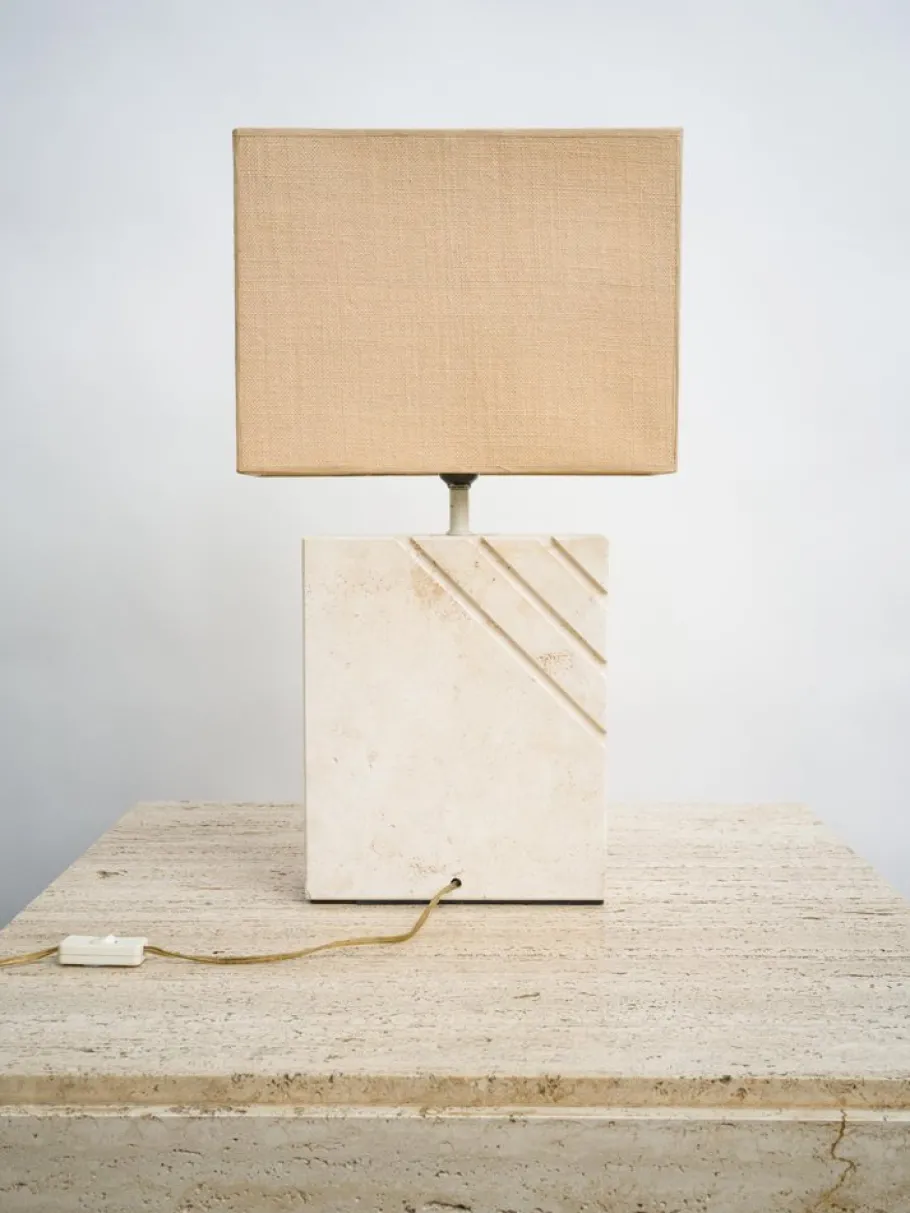 Outlet Pamono Travertine Table Lamp with Rectangular Lampshade, 1970s